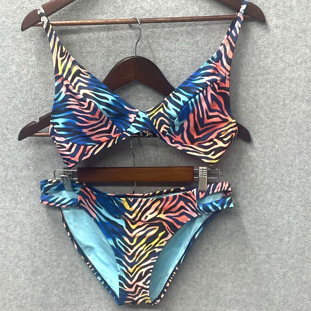 Colorful Zebra Animal Print Bikini Set Strappy Cutout M
